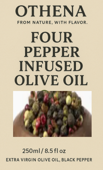 alt="Huile d’Olive Vierge Extra Naturelle Aromatisée aux 4 Poivres en cuisine"